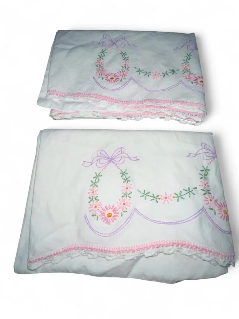 Embroidered Floral Pillowcase in White with Pink and Lavender Accents